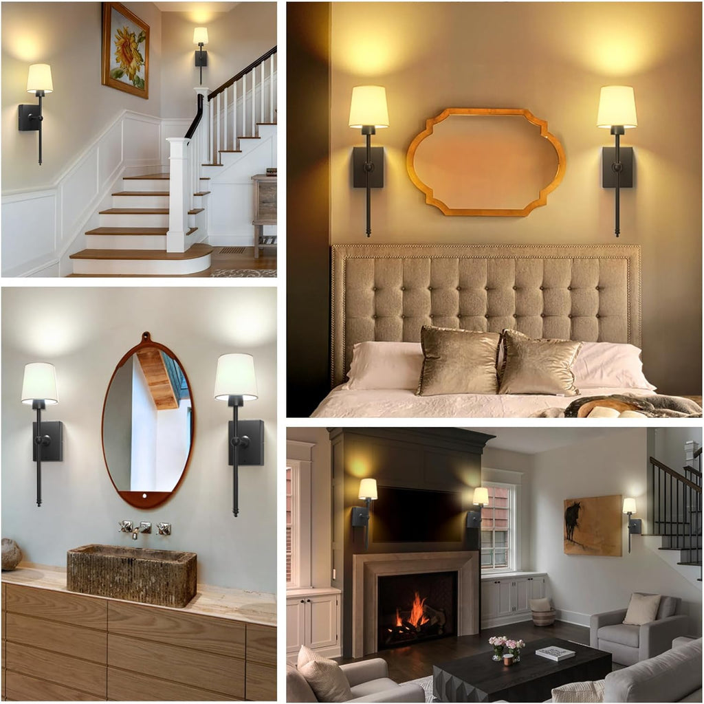 Battery Operated Wall Sconces Set of 2: Black Rechargeable Wall Lights with 6000