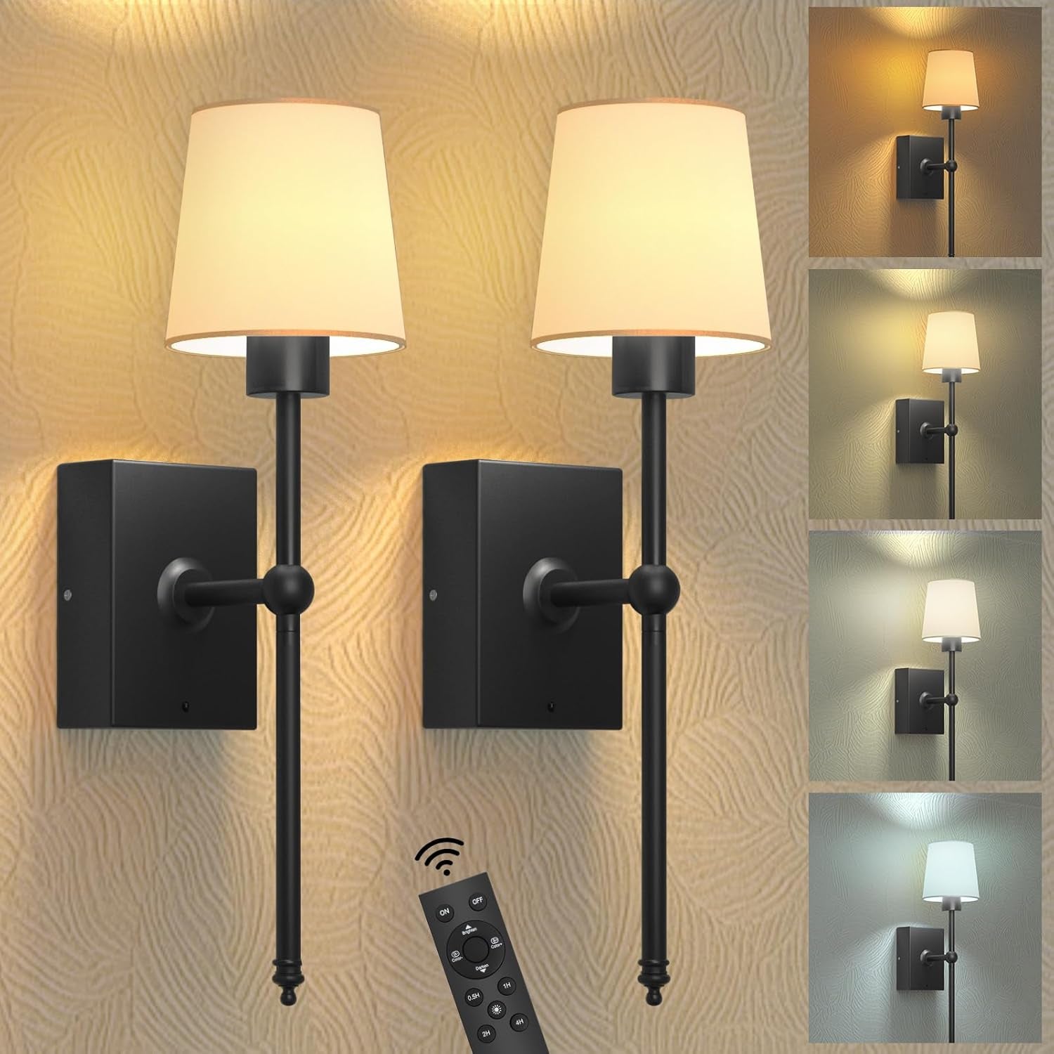 Battery Operated Wall Sconces Set of 2: Black Rechargeable Wall Lights with 6000