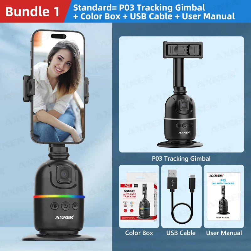 Smart Auto Face Tracking Desktop AI Gimbal for Smartphone & Action Camera 360 Rotation Follow Focus Vlog Kit, Option with Tripod