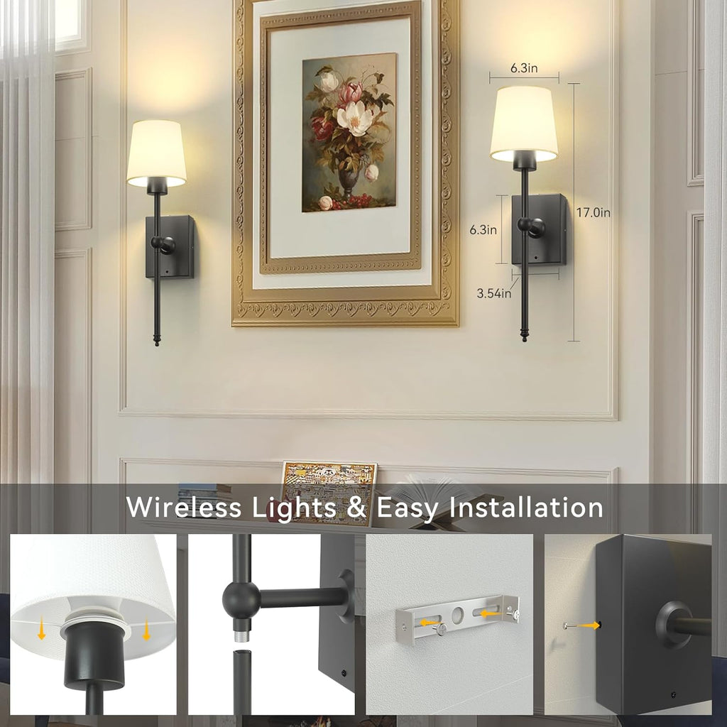 Battery Operated Wall Sconces Set of 2: Black Rechargeable Wall Lights with 6000