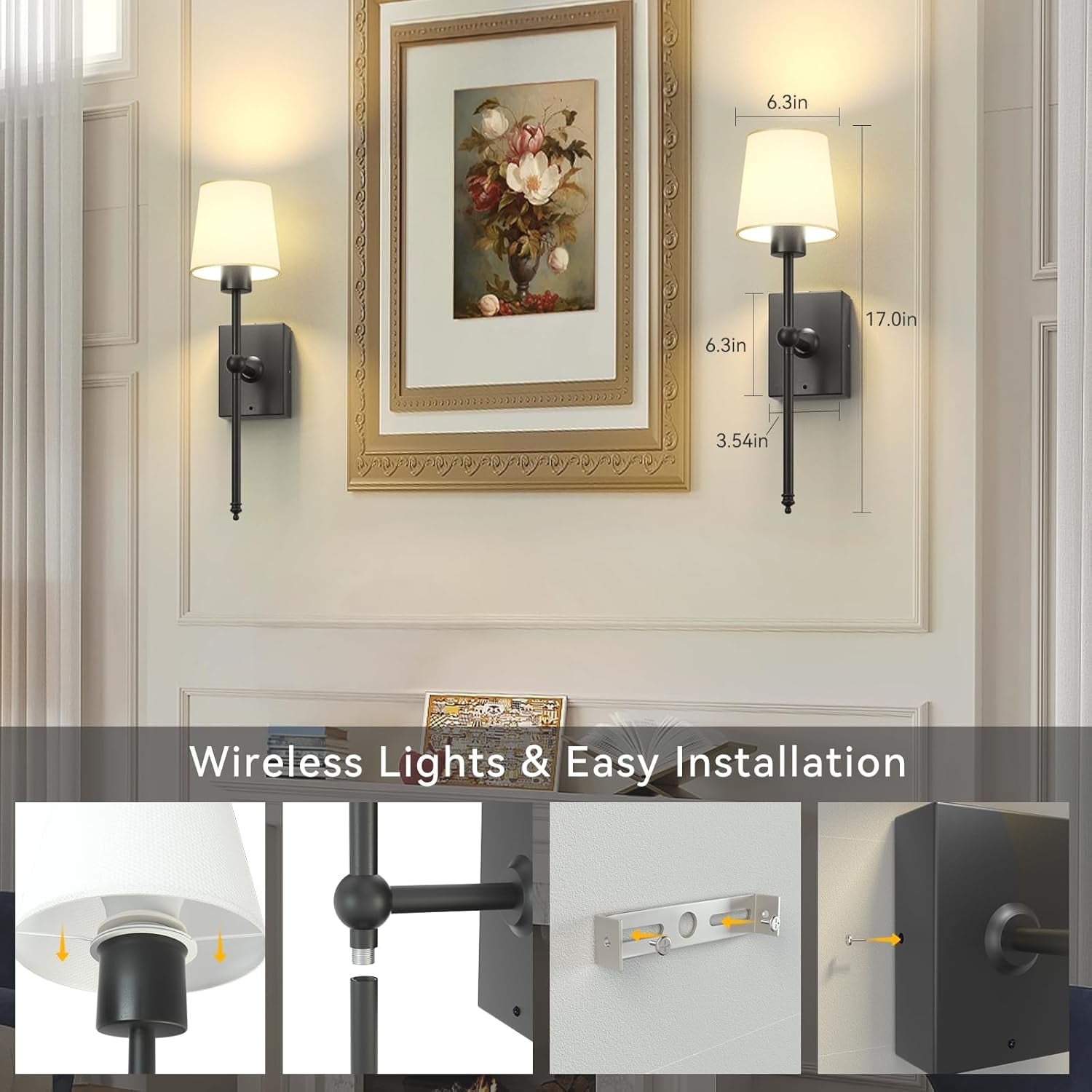 Battery Operated Wall Sconces Set of 2: Black Rechargeable Wall Lights with 6000